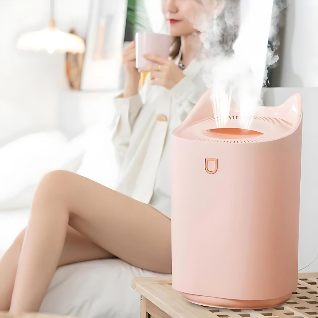 "3000ml ultrasonic humidifier with mist technology in sleek pink design, improves air quality, alleviates respiratory issues.