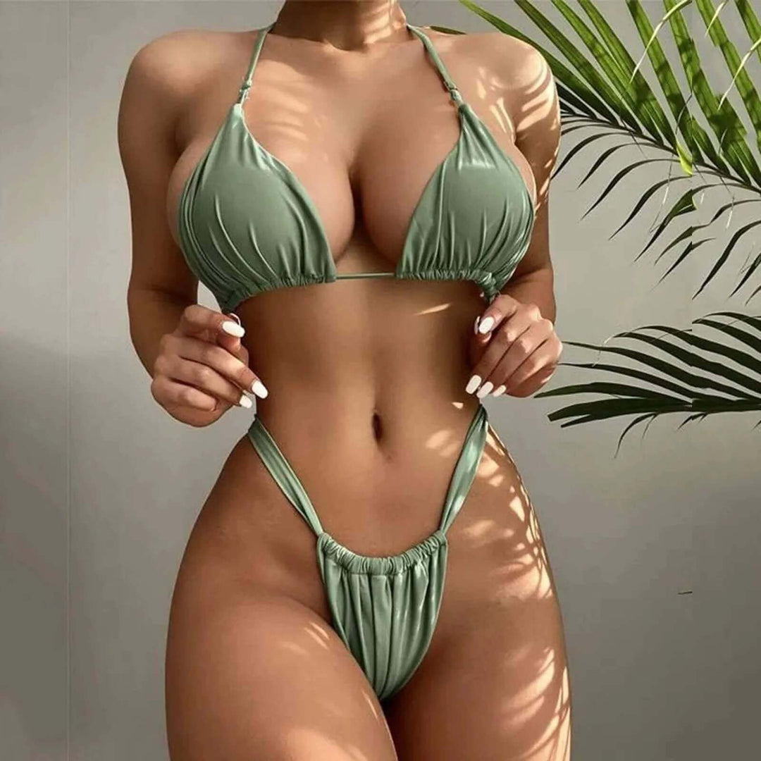 Women's Ruched Bikini Set with Triangle Top & High-Cut Thong