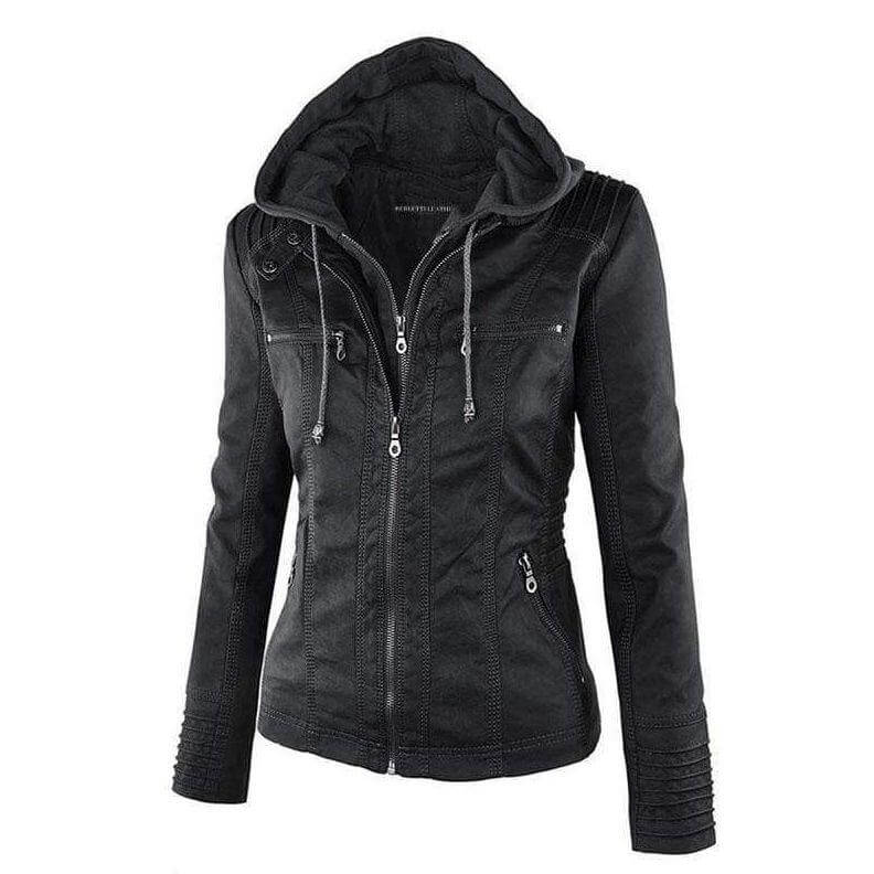 Women's Slim Fit PU Leather Zip-Up Hoodie