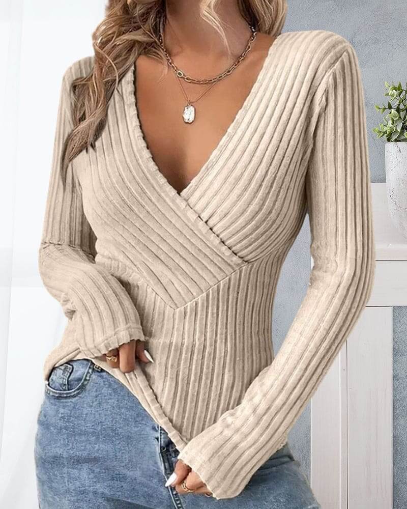 Women's Ribbed Wrap V-Neck Sweater
