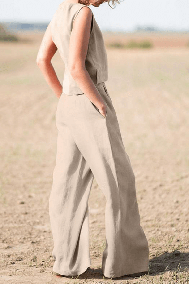 Women's Relaxed Fit Round Neck Top and Wide-Leg Pants Set