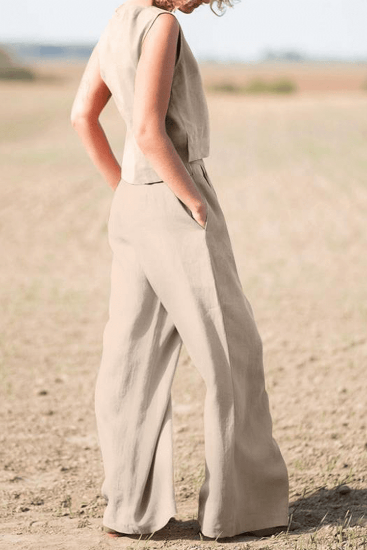 Women's Relaxed Fit Round Neck Top and Wide-Leg Pants Set
