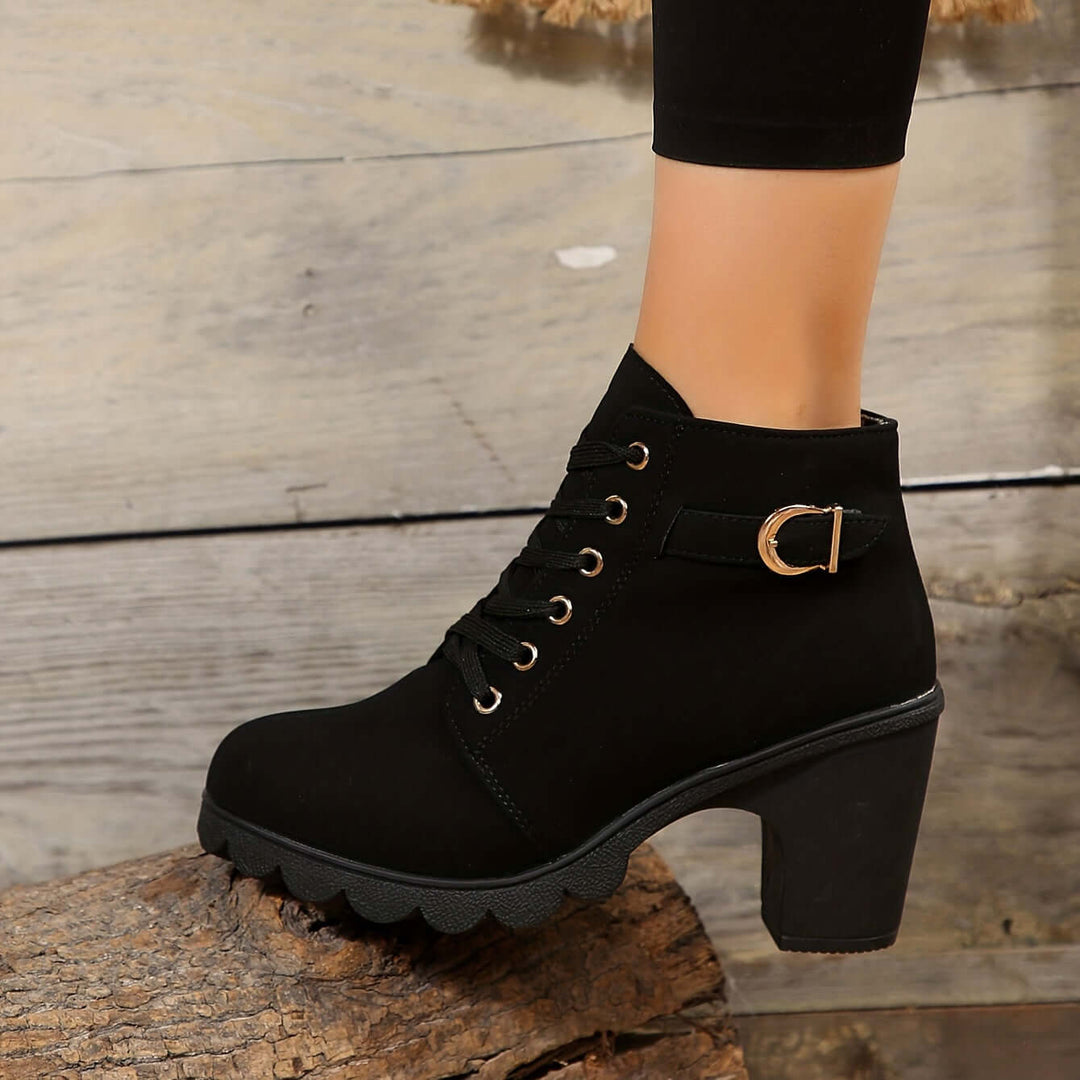 Women's Block Heel Ankle Boots with Buckle Detail