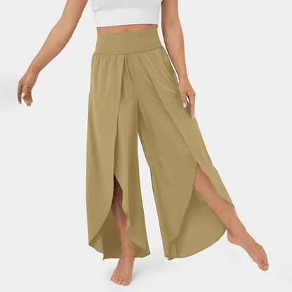 Flared Casual Trousers - High-Waisted Split Hem