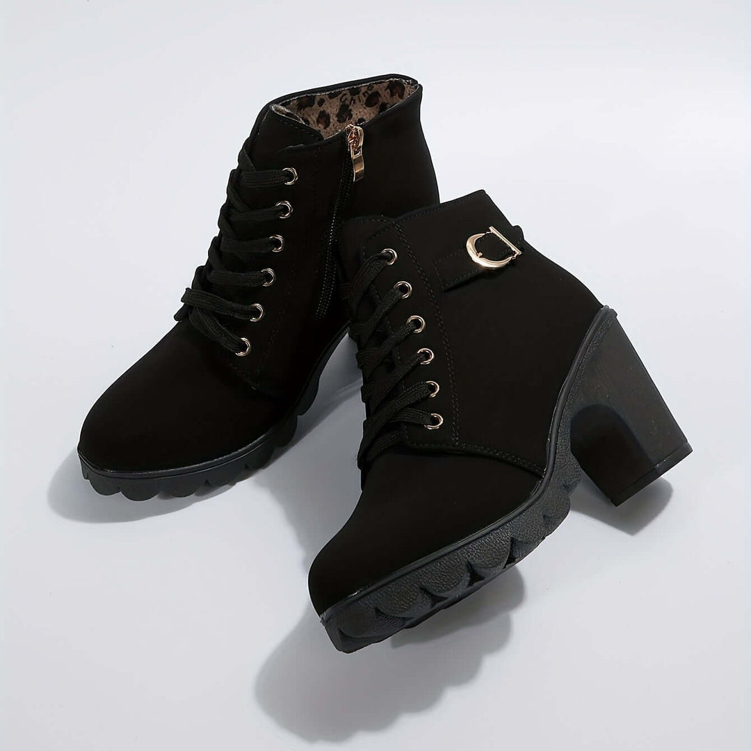 Women's Block Heel Ankle Boots with Buckle Detail
