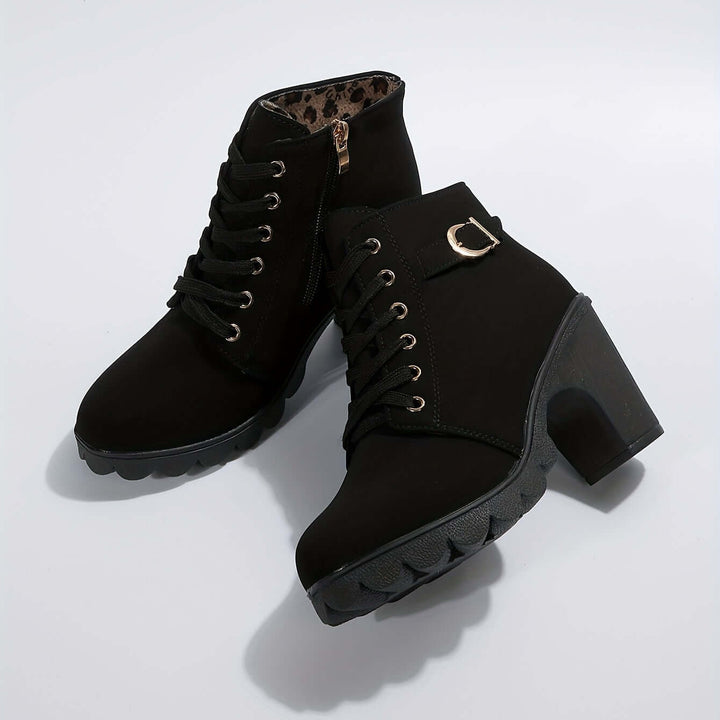 Women's Block Heel Ankle Boots with Buckle Detail