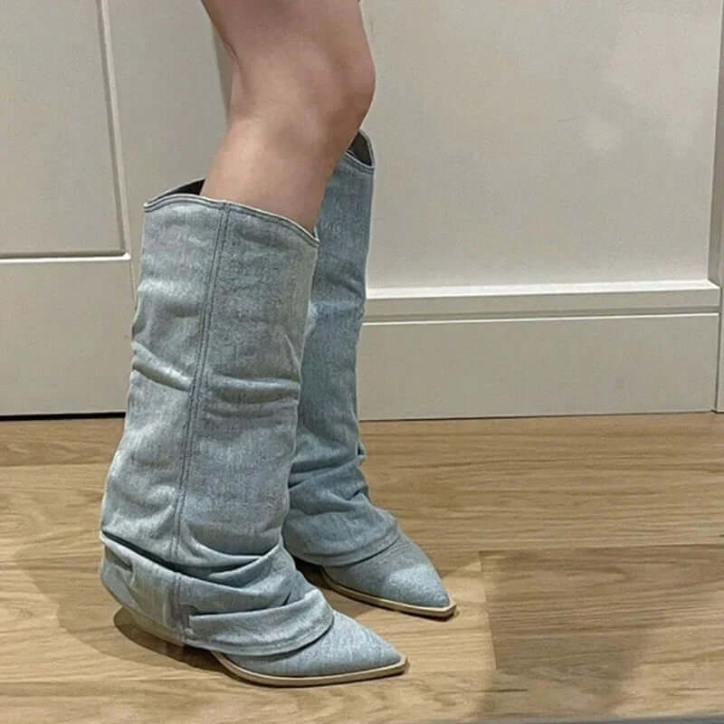 Women's Denim Knee-High Cowboy Boots