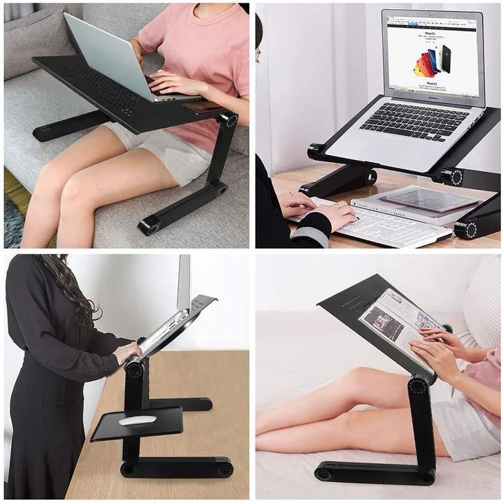 "360° adjustable ergonomic laptop stand with aluminum frame, full adjustability, ventilation, and lightweight for productivit