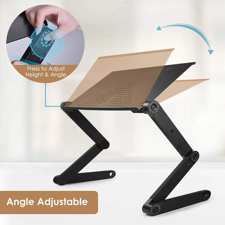 "360° adjustable ergonomic laptop stand with aluminum frame, full adjustability, ventilation, and lightweight for productivit