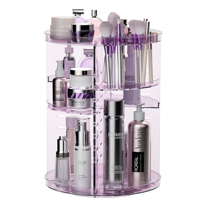 "360° Rotating Makeup Organizer with adjustable layers, sleek design, 7 lipstick slots, 7 brush holes, non-slip base."