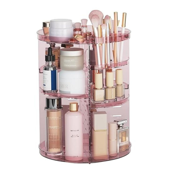 "360° Rotating Makeup Organizer with adjustable layers, sleek design, 7 lipstick slots, 7 brush holes, non-slip base."