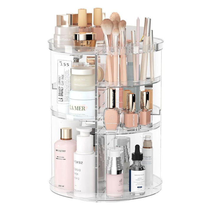 "360° Rotating Makeup Organizer with adjustable layers, sleek design, 7 lipstick slots, 7 brush holes, non-slip base."