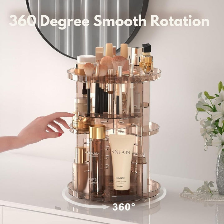 "360° Rotating Makeup Organizer with adjustable layers, sleek design, 7 lipstick slots, 7 brush holes, non-slip base."