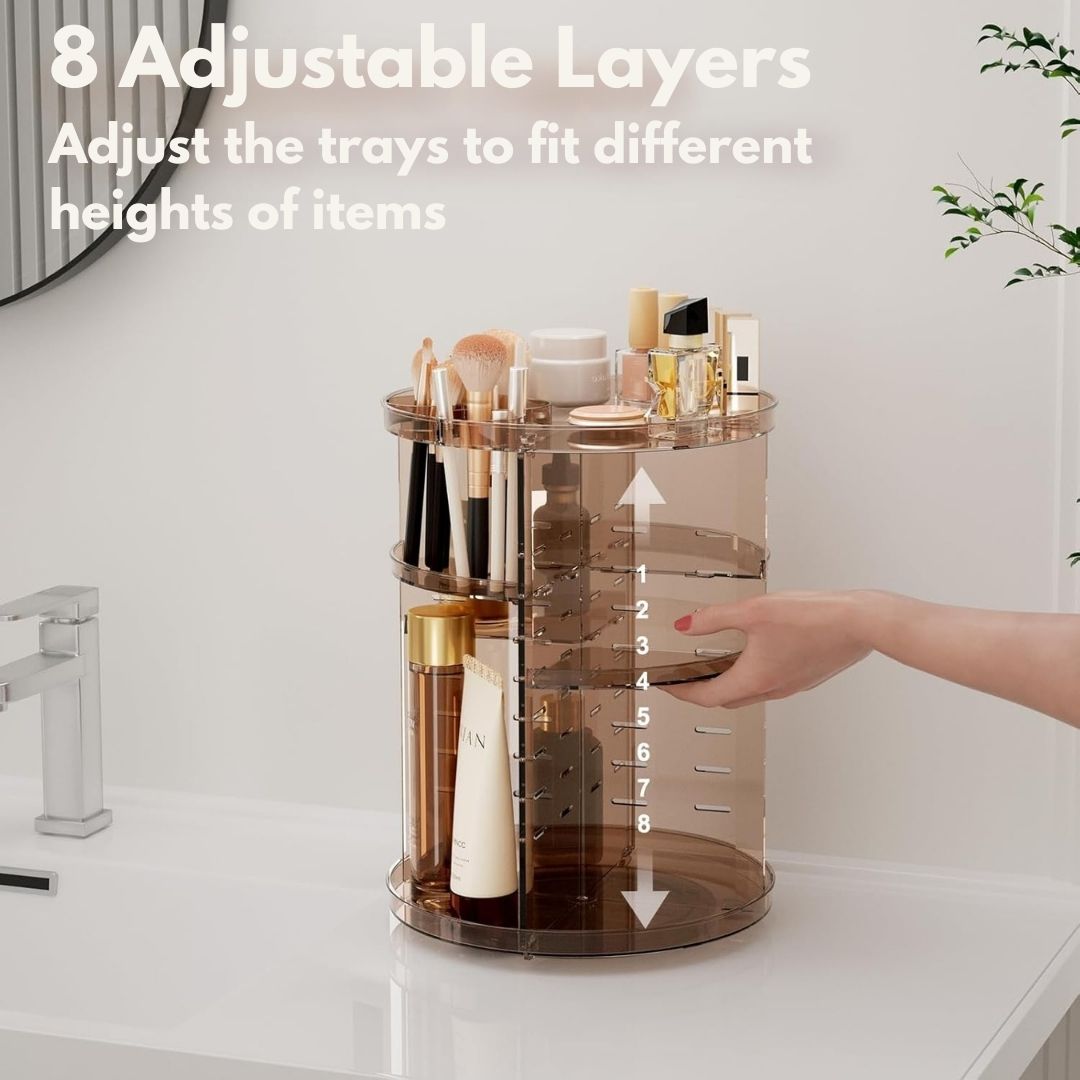 "360° Rotating Makeup Organizer with adjustable layers, sleek design, 7 lipstick slots, 7 brush holes, non-slip base."