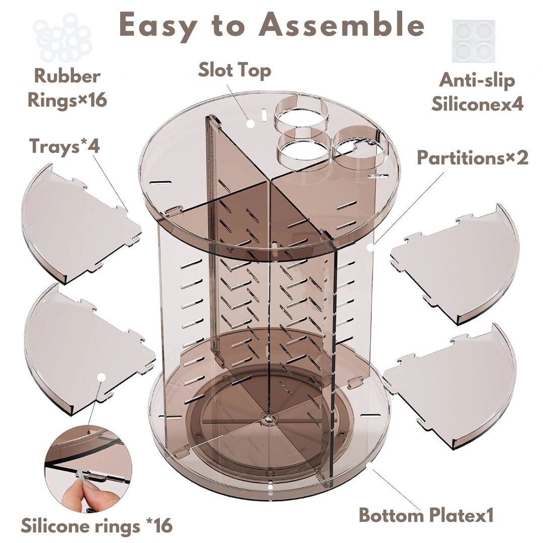 "360° Rotating Makeup Organizer with adjustable layers, sleek design, 7 lipstick slots, 7 brush holes, non-slip base."