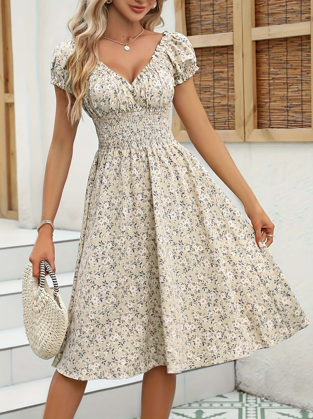 Floral Print Puff Sleeve Midi Dress