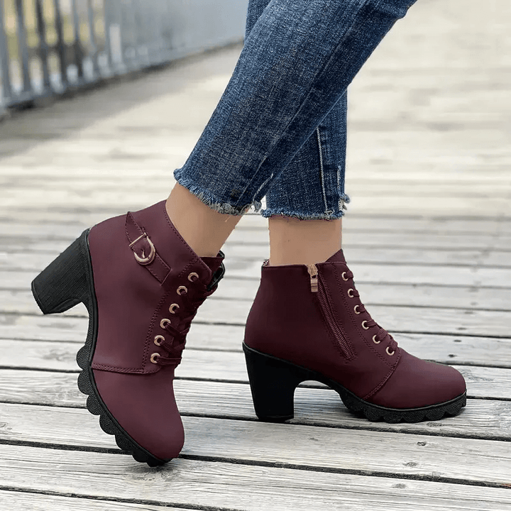 Women's Block Heel Ankle Boots with Buckle Detail