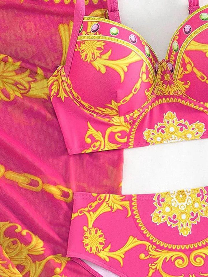 Bohemian High-Waist Bikini Set with Cover-Up