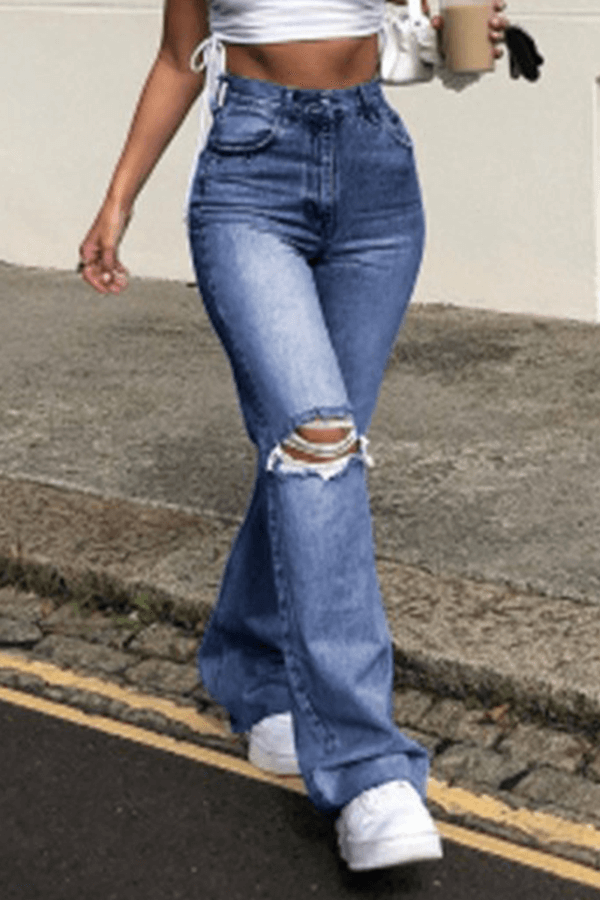 Women's High-Waisted Wide Leg Ripped Pants