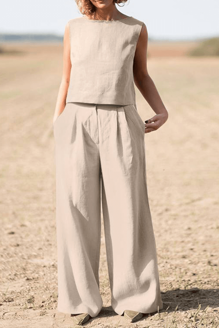 Women's Relaxed Fit Round Neck Top and Wide-Leg Pants Set