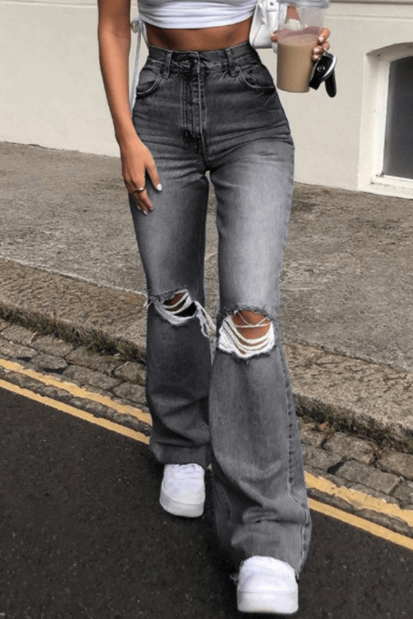 Women's High-Waisted Wide Leg Ripped Pants
