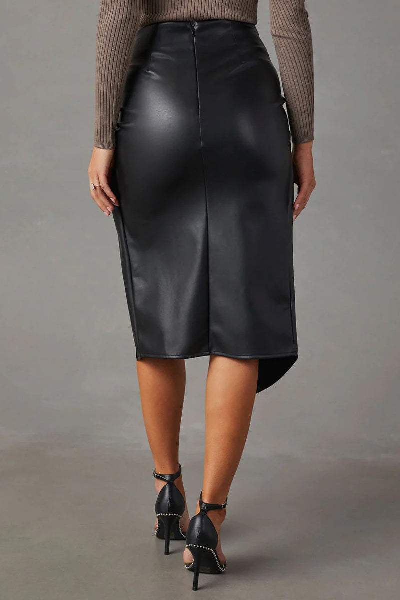 Faux Leather High-Waisted Pencil Skirt with Ruching