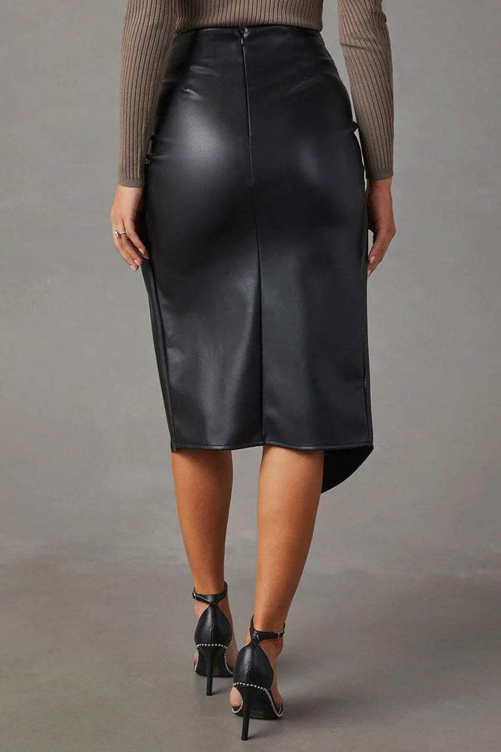 Faux Leather High-Waisted Pencil Skirt with Ruching