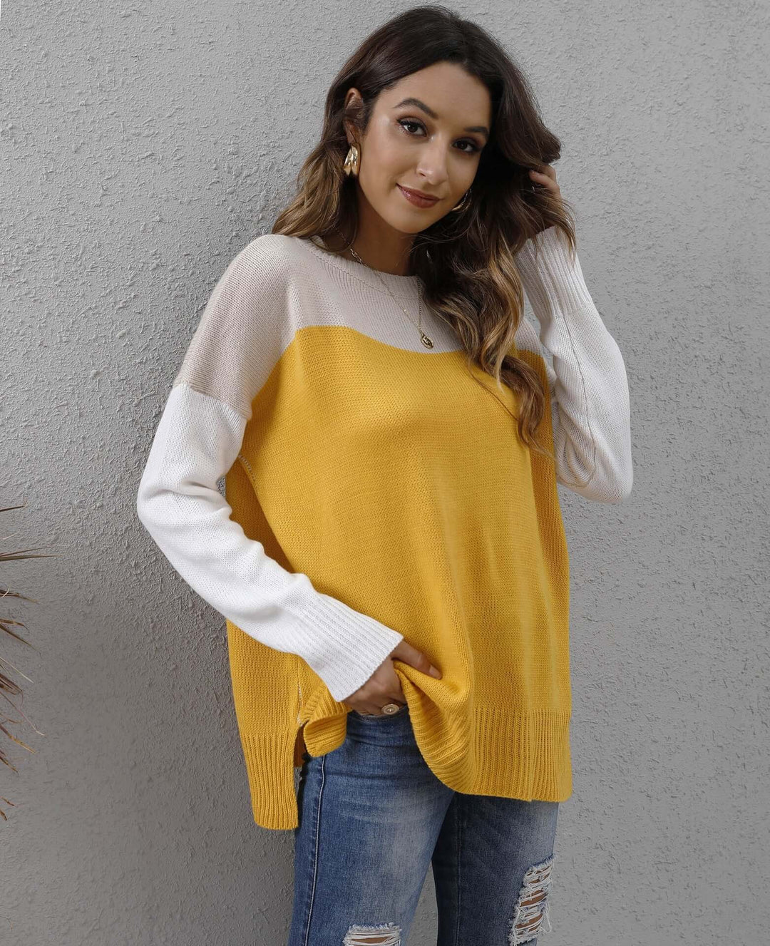 Colour Block Knit Sweater - Women's Relaxed Fit Jumper