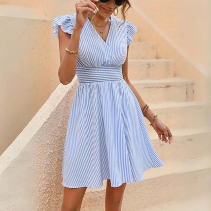 Striped Cotton Ruffle Sleeve Dress