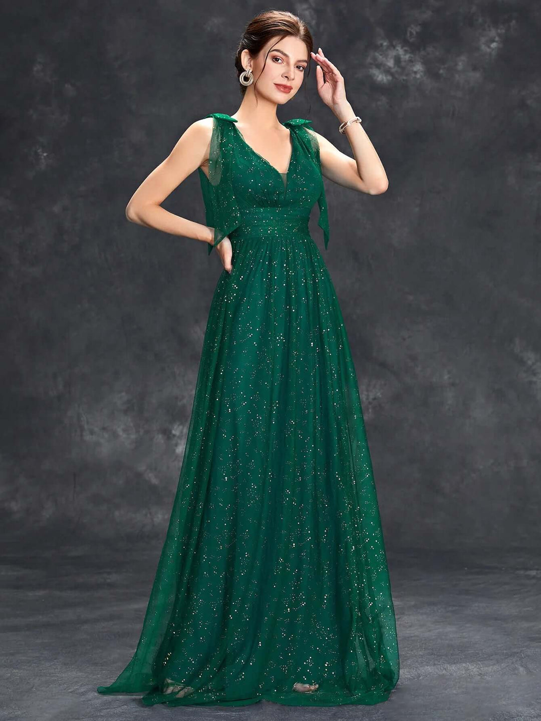 Glitter Embellished V-Neck Sleeveless Floor-Length Evening Gown