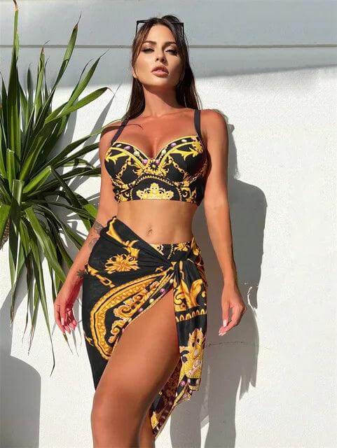 Bohemian High-Waist Bikini Set with Cover-Up