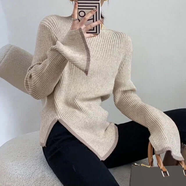 Women's Ribbed Turtleneck Sweater with Flared Sleeves