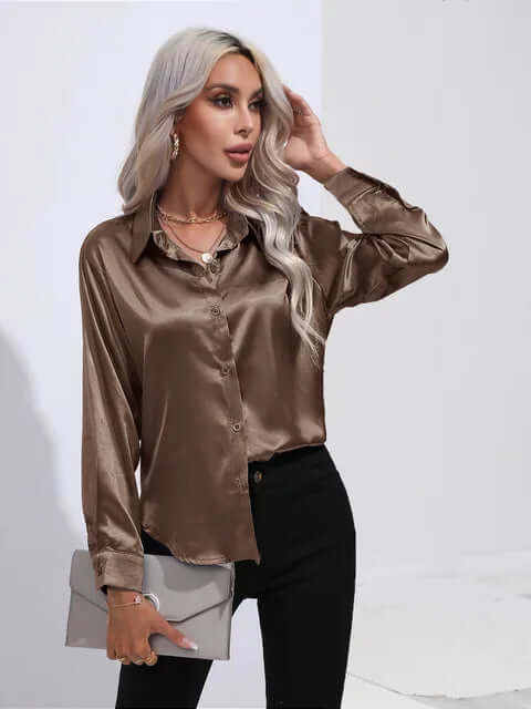 Women's Satin Loose Fit Long Sleeve Blouse