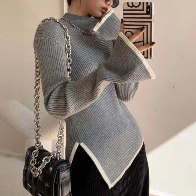 Women's Ribbed Turtleneck Sweater with Flared Sleeves