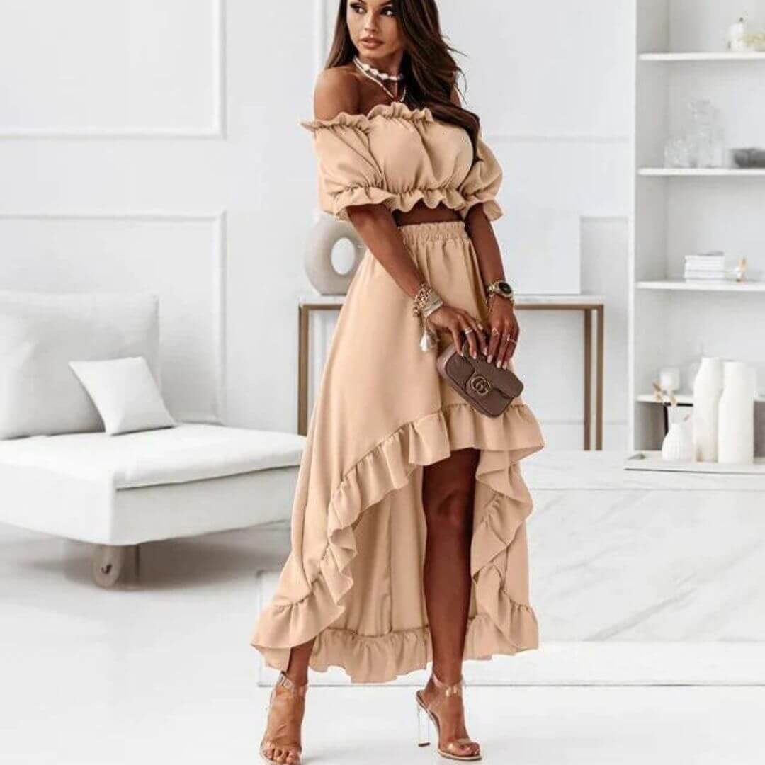 Women's Off-Shoulder Frill Crop Top & High-Low Skirt Set
