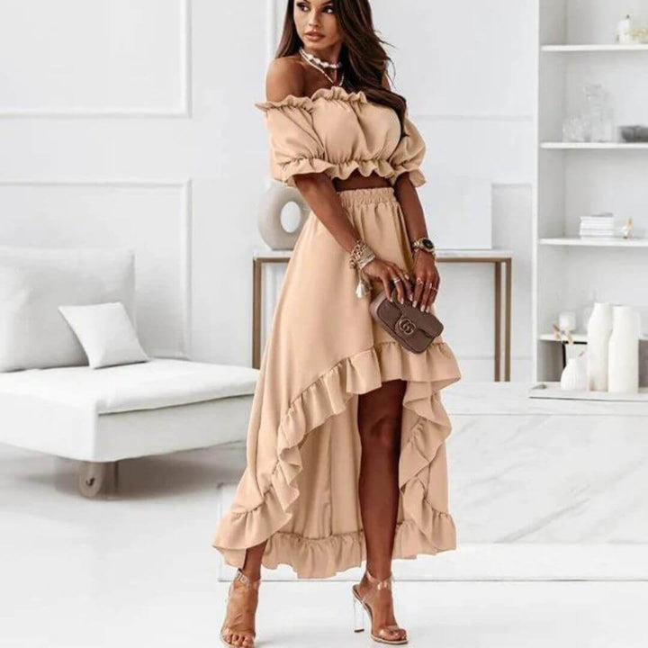 Women's Off-Shoulder Frill Crop Top & High-Low Skirt Set