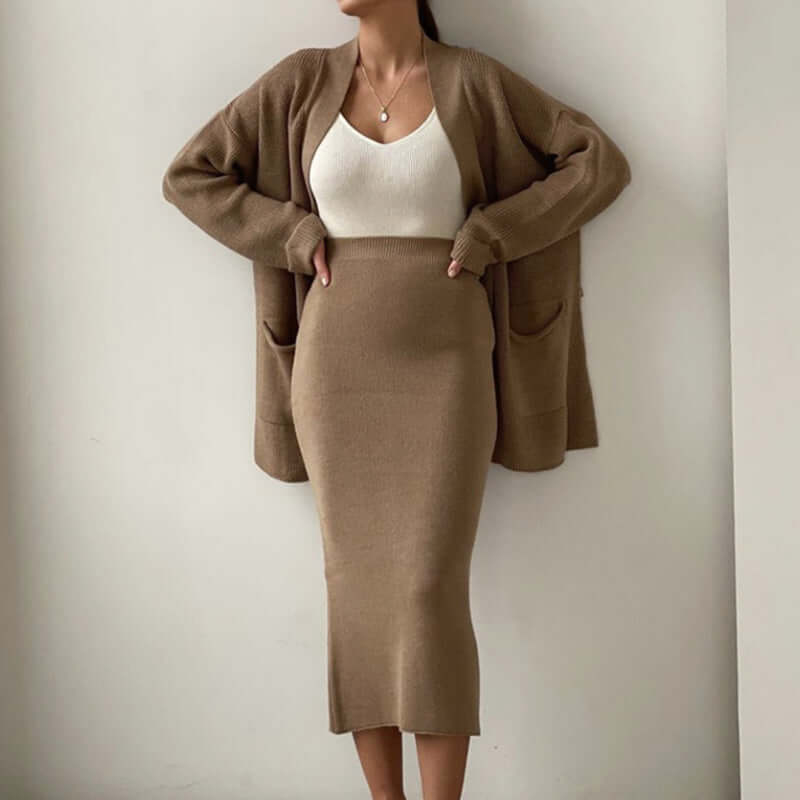 Women's Knitted Cardigan & Midi Skirt Set