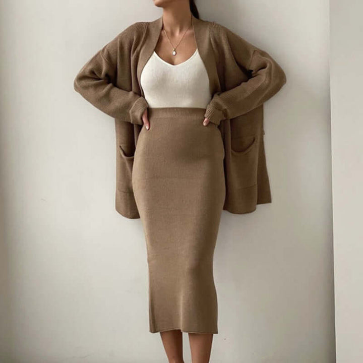 Women's Knitted Cardigan & Midi Skirt Set