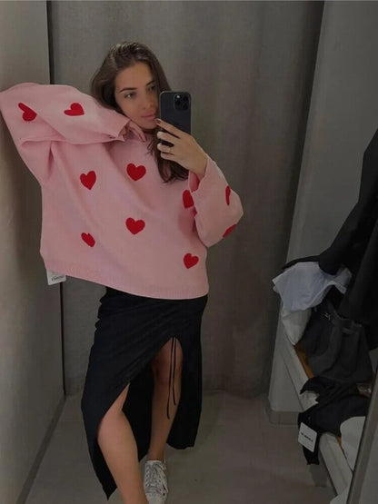 Women's Loose Fit Heart Print Sweater