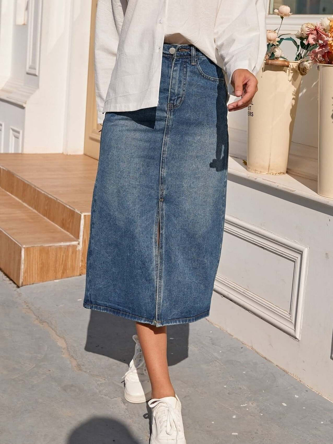 Women's High-Waisted Denim Midi Skirt with Front Slit