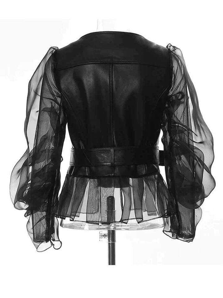 Faux Leather Jacket with Sheer Sleeves