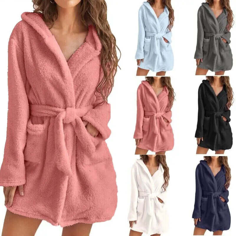 Women's Fluffy Hooded Knee-Length Bathrobe