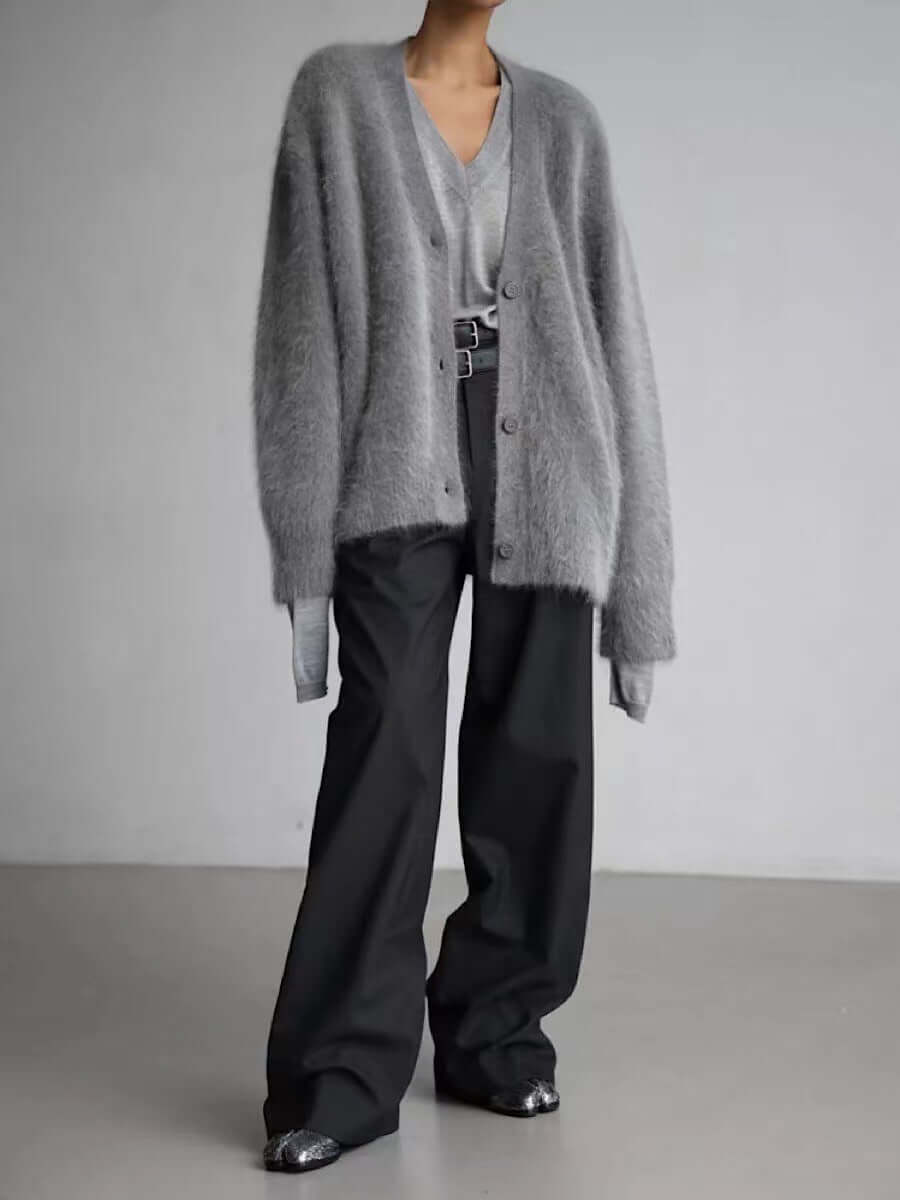 Mohair Cardigan Damen - Weiche Strickjacke mit Knöpfen und V-Ausschnitt