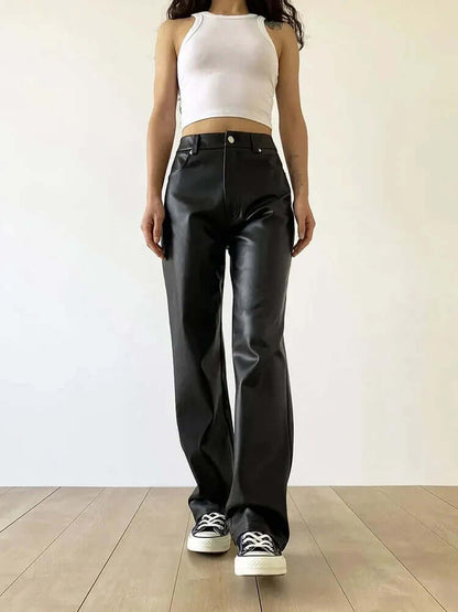 Women's High-Waist Straight Leg Vintage Leather Pants