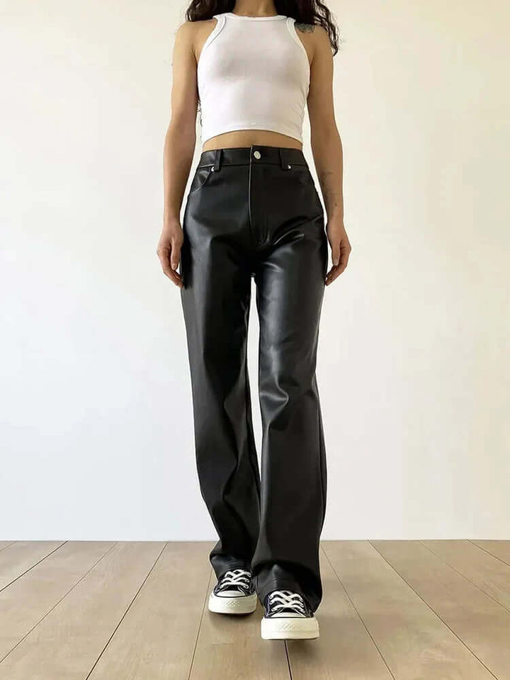 Women's High-Waist Straight Leg Vintage Leather Pants