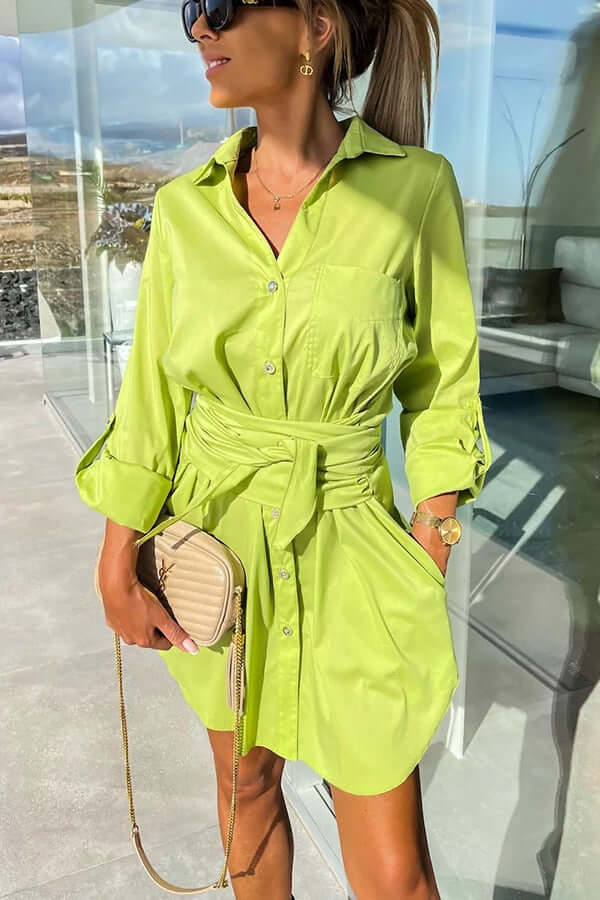 Women's Button-Down Shirt Dress with Waist Tie