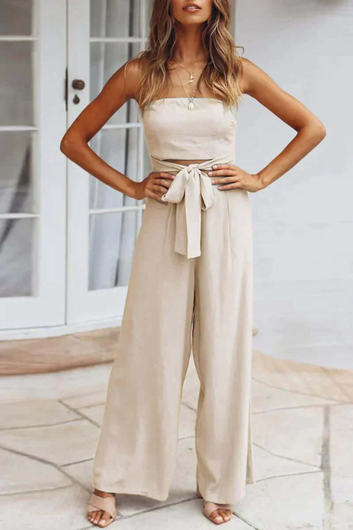 Women's Strapless Wide Leg Jumpsuit with Tie Waist