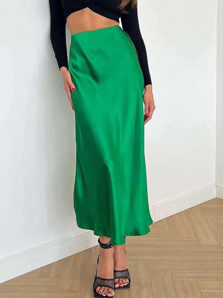 Satin Midi Skirt - Elegant Flowing A-Line