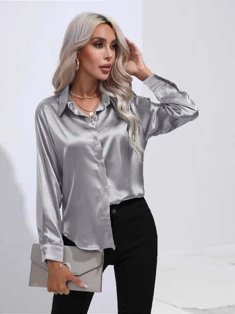 Women's Satin Loose Fit Long Sleeve Blouse