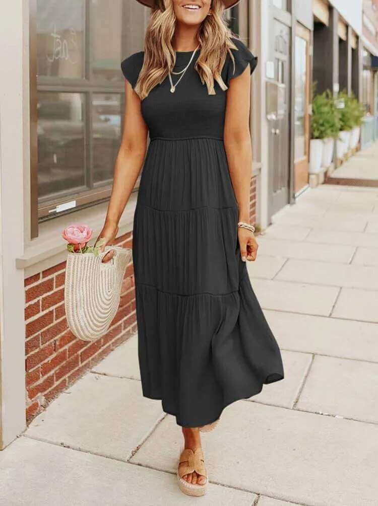 Women's Tiered Midi Dress with Flutter Sleeves